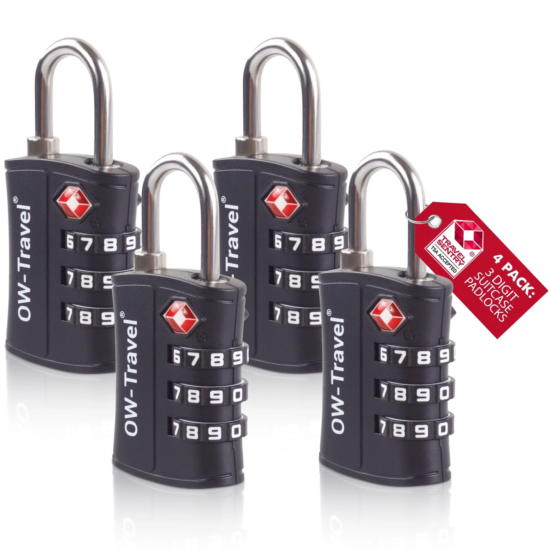 OW-Travel TSA Approved Luggage Locks Suitcase Locks (4 Pack Black) ABS Plastic 3 Digit Security Suitcase Padlock. Travel Bag Combination Luggage Padlocks for Suitcases. TSA Travel Lock for Bags Cases