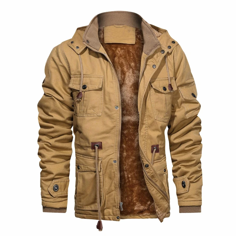 CHEXPEL Men's Thick Winter Coat Jackets with Hood Fleece Lining Cotton Military Work Jackets with Cargo Pockets Outwear, Khaki-01, XL