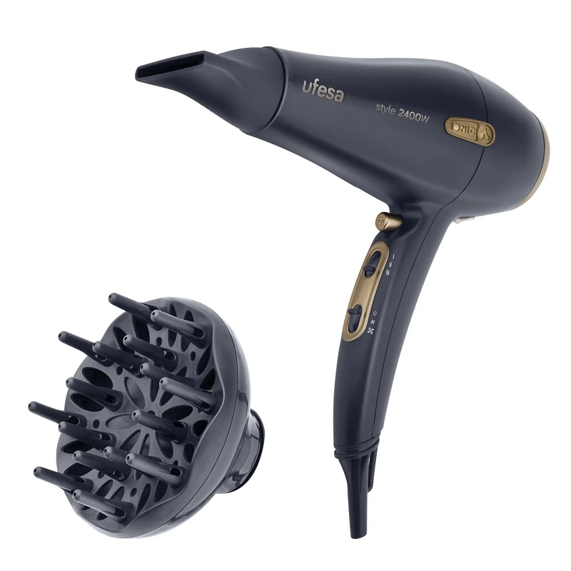 UFESA 60304769 Style SC8460 Professional Ionic Hair Dryer AC 2400 W, Ion Generator, 2 Speed Levels, 3 Temperatures, Diffuser and Concentrator, 5.3 Cubic Centimeters, Black