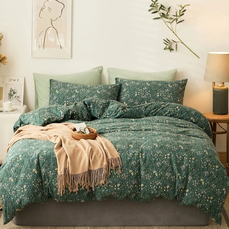 EAVD Premium Soft 100% Jersey Knit Cotton Duvet Cover Green Floral Duvet Cover Queen Vintage Style Botanical Bedding Set for children,teens,boys,girls, women&men Chic Shabby Reversible Comforter Set
