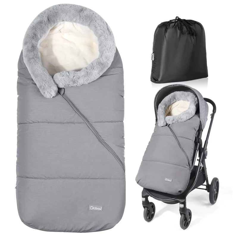 Orzbow Footmuff for Pushchair Universal Footmuff for Stroller, Winter Cosy Toes for Buggy with Removable Fur Collar, Weatherproof Pram Footmuff with Adjustable Zipper & Warm Liner, Light Grey