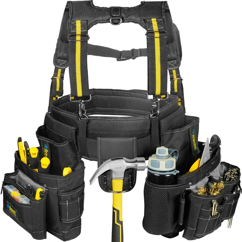 MegaFlint Tool Belt Suspenders Tool Vest Ultra Anti-Wear Tool Belt 20-Pocket Pro Framer's Combo Apron Tool Belt and Yoke-Style Suspenders-1200D Tool Belts for Men
