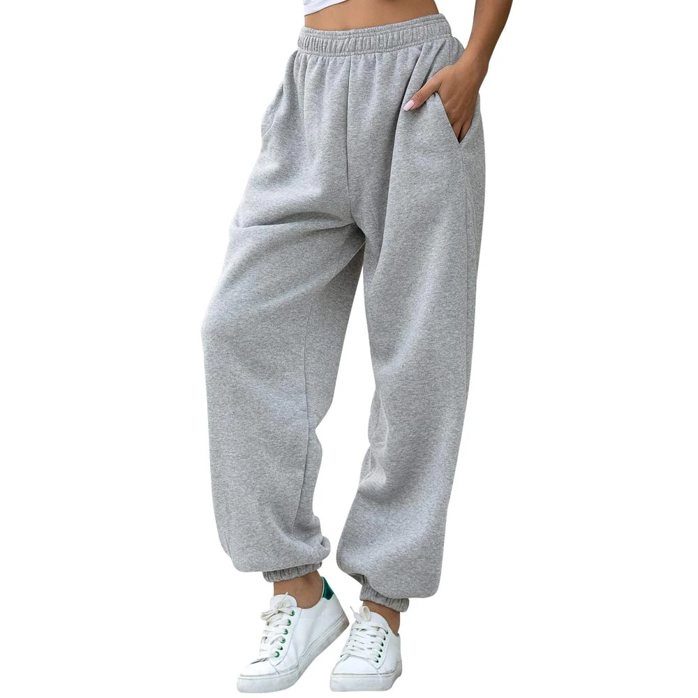 Nuofengkudu Women's Plain Baggy Fleece Tracksuit Bottoms Warm Harem Joggers Pants with Pockets Elastic Waist Thermals Tapered Leg Sweatpants Running Workout Casual Lounge Wear(F-Grey,L)