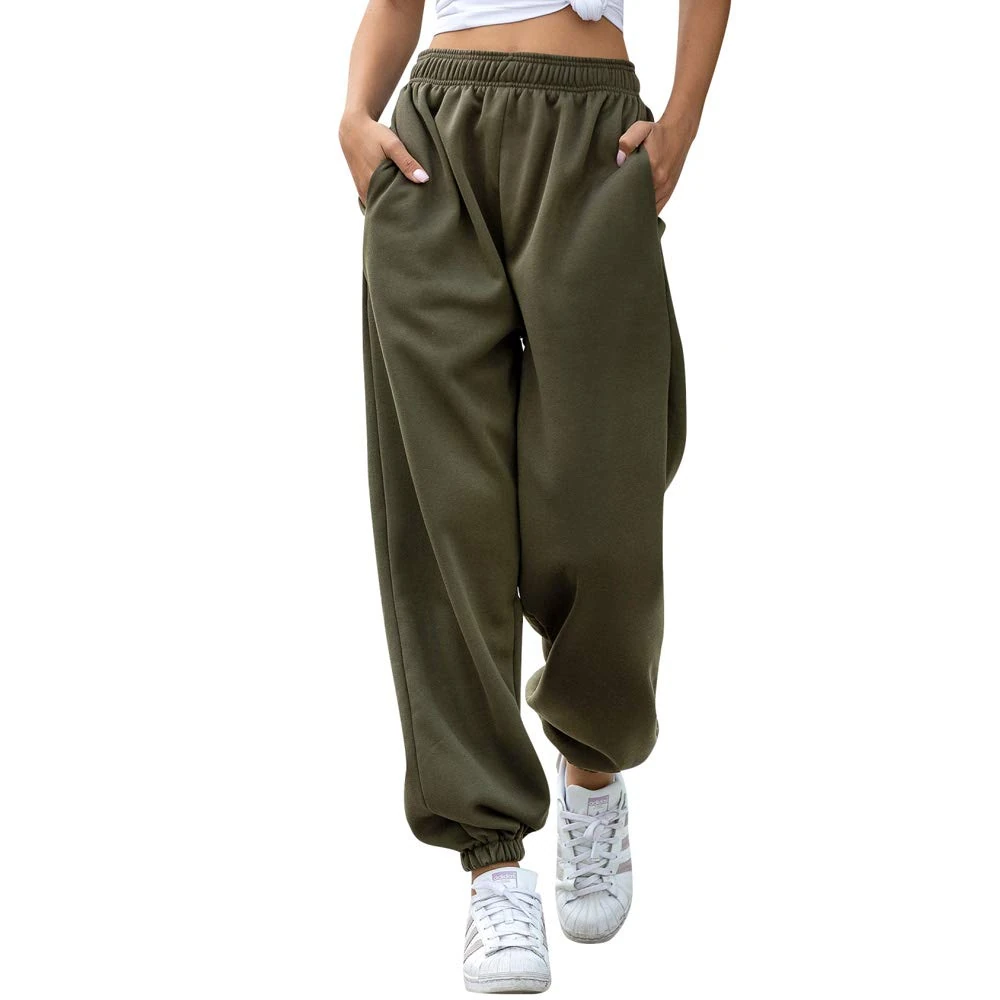 Nuofengkudu Women's Plain Baggy Fleece Tracksuit Bottoms Warm Harem Joggers Pants with Pockets Elastic Waist Thermals Tapered Leg Sweatpants Running Workout Casual Lounge Wear(F-Green,L)