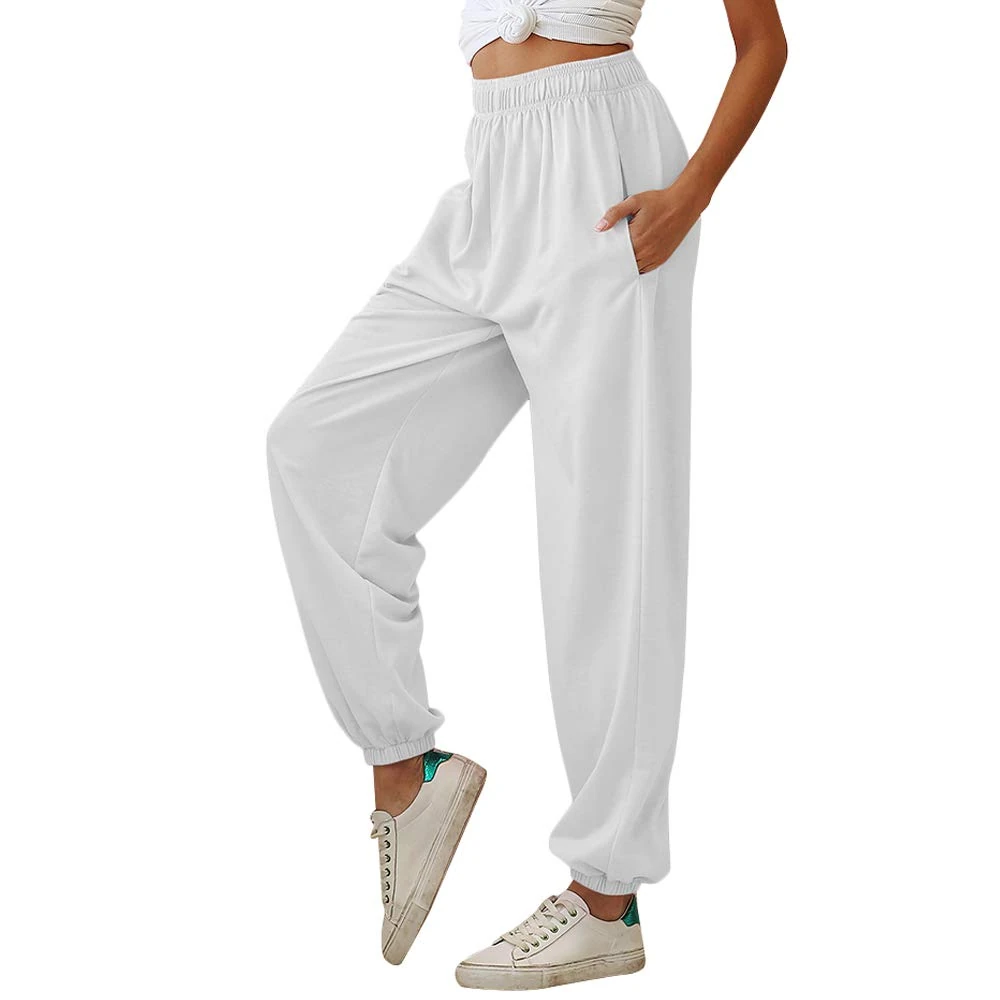 Nuofengkudu Women's Plain Loose Tracksuit Bottoms Breathable Harem Joggers Pants with Pockets Elastic Waist Tapered Leg Sweatpants Running Workout Summer Casual Lounge Wear(Thin-White,L)