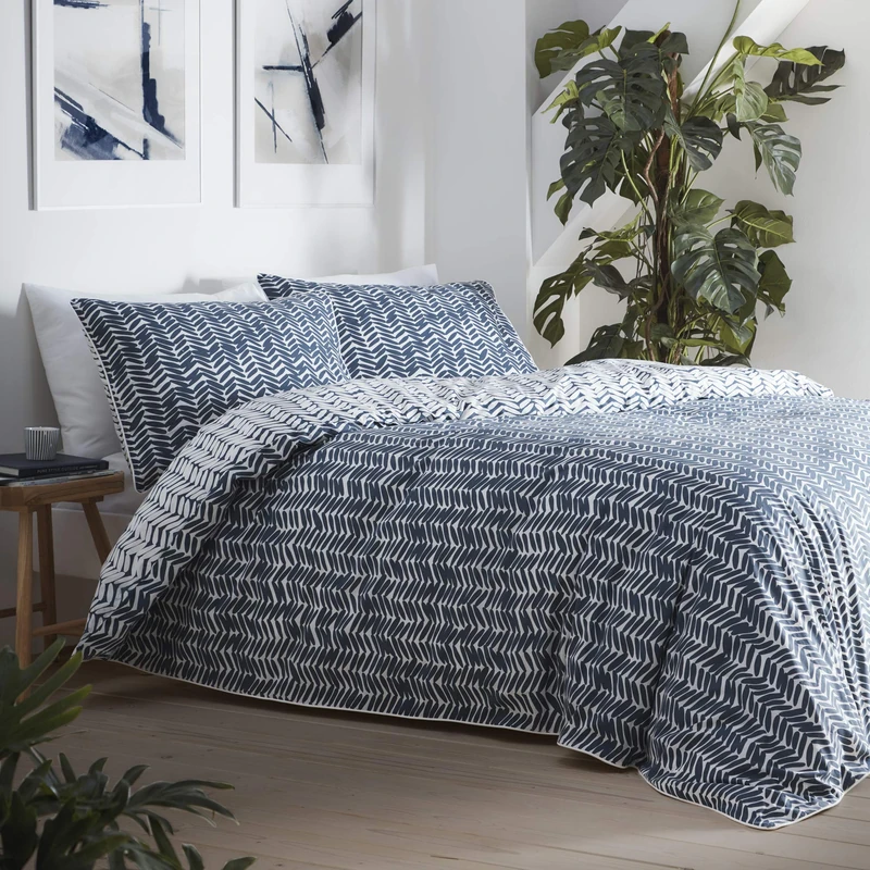Appletree Loft 100% Cotton Percale Geometric Reversible Duvet Cover Set, Ink Blue, Super King