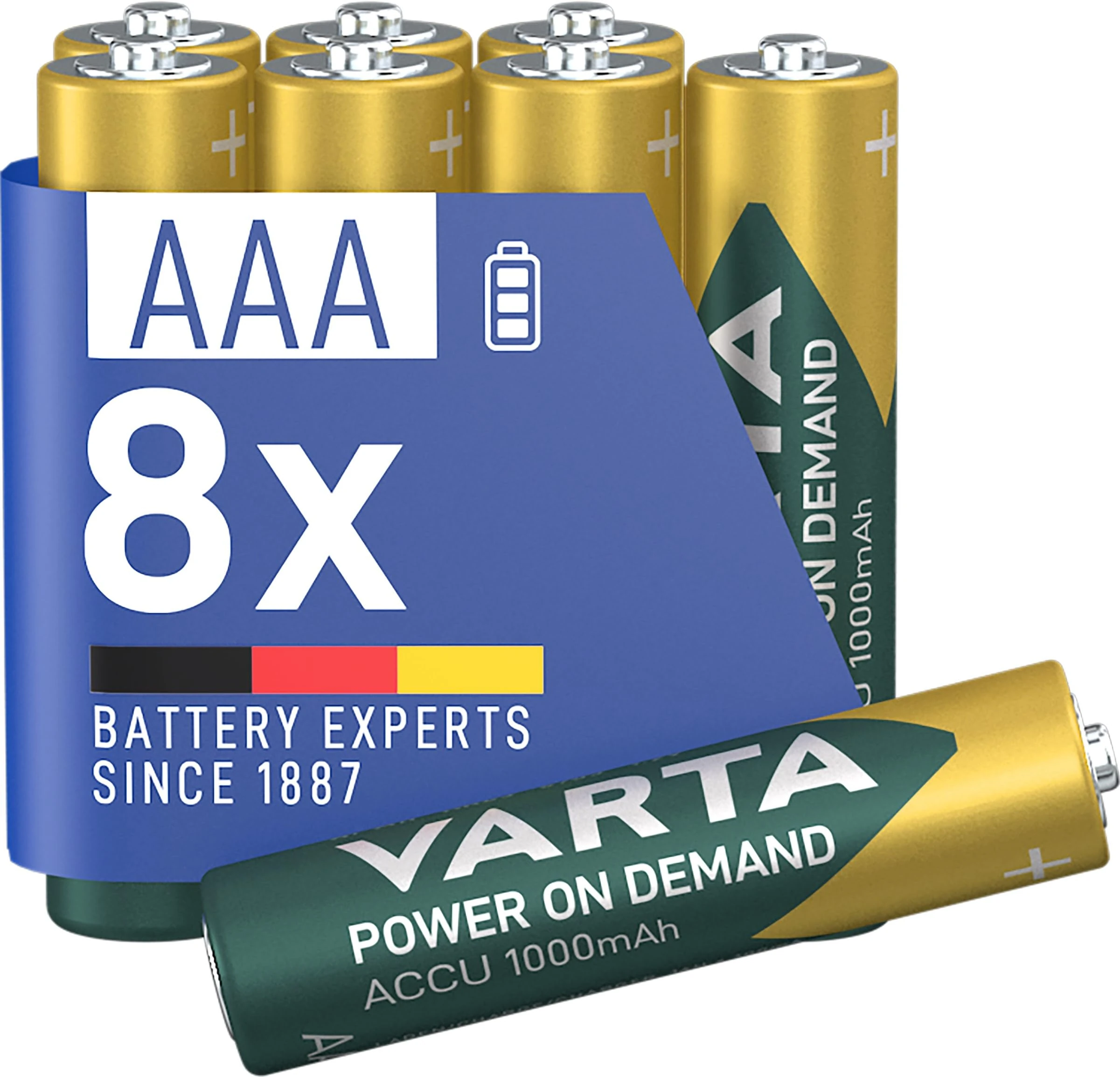 VARTA Power on Demand Rechargeable Battery Ready2Use Pre-Charged AAA Micro 1000 mAh Ni-Mh Battery, Rechargeable without Memory Effect, Ready to Use, Pack of 8