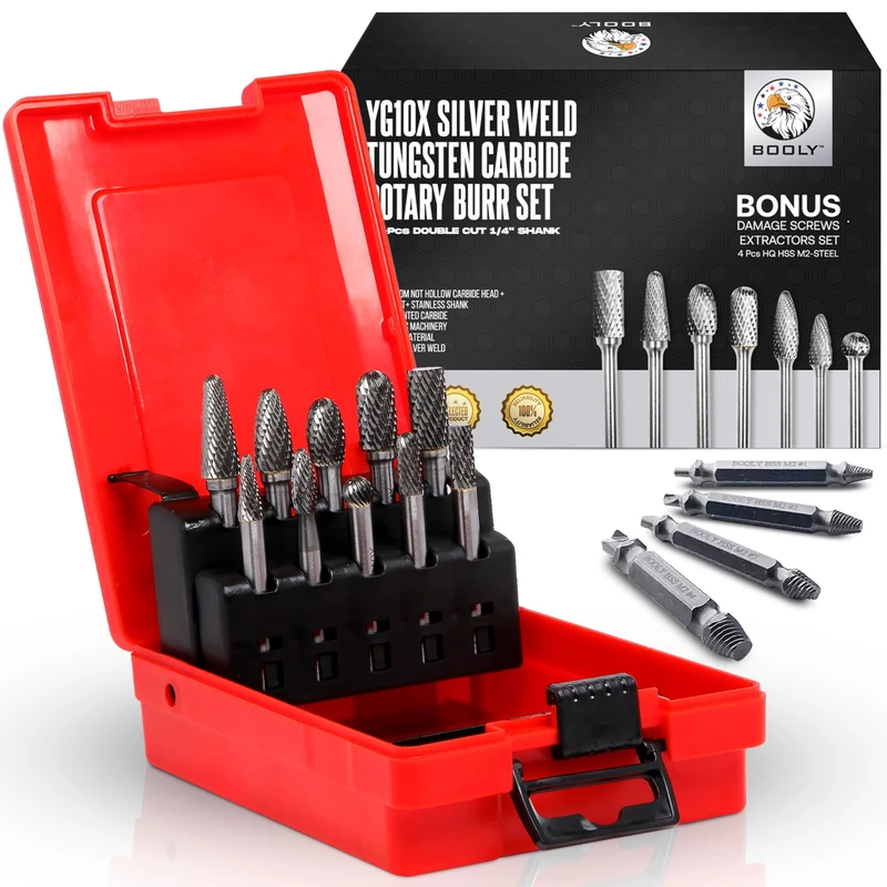 Premium–Grade Die Grinder Bits Tungsten Carbide Burr Set 1/4" Shank 10PC Double Cut Rotary Files Milwaukee Dewalt Accessories Drill Bits for Metal Grinding Cutting Burrs + Gifts 4PC M2 Screw Extractor - Image 1