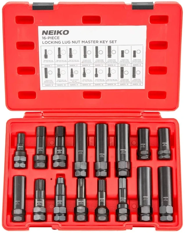 Neiko 02457A Lug-Nut Key Set, Wheel-Lock Removal Tool Kit for Aftermarket and Factory Wheel Tire Keys, SAE and Metric Lug Sockets, 16 Pieces - Image 1