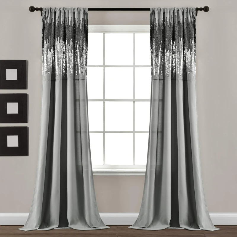 Lush Decor Shimmer Sequins Window Curtain Panel Pair, 84" L x 42" W, Dark Gray & Black