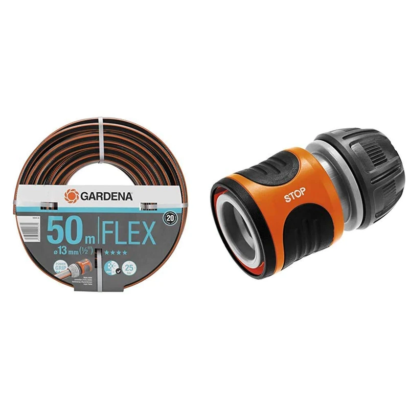 Gardena 13 mm x 50 m Comfort Flex Hose - Multi-Colour & 18213-20 Water Stop Connector - Orange