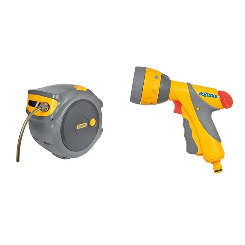 Hozelock Auto Reel with 20 m Hose, Yellow/Grey & Multi Spray Gun Plus
