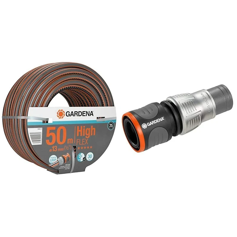 Gardena 13 mm x 50 m Comfort High Flex Hose - Multi-Colour & GARDENA 18255-20 Packaged Premium Hose Connector, Silver/Black, 1/2-5/8-Inch