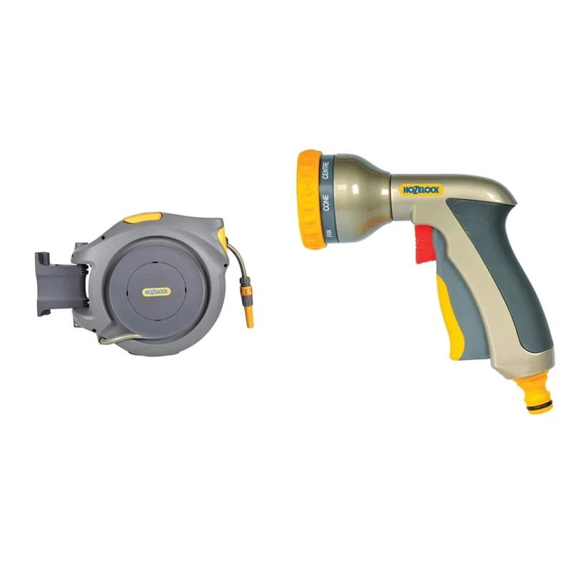 Hozelock Auto Reel with 30 m Hose, Yellow/Grey & Multi Plus Spray Gun