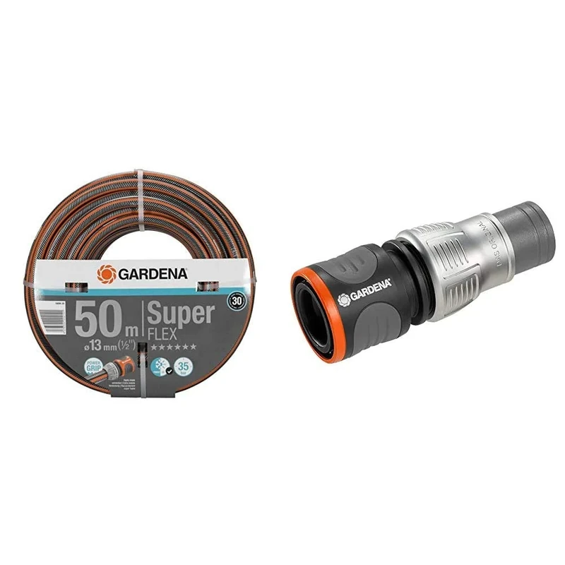 Gardena 18099-20 13 mm Premium Super Flex Hose - Orange/Grey & GARDENA 18255-20 Packaged Premium Hose Connector, Silver/Black, 1/2-5/8-Inch