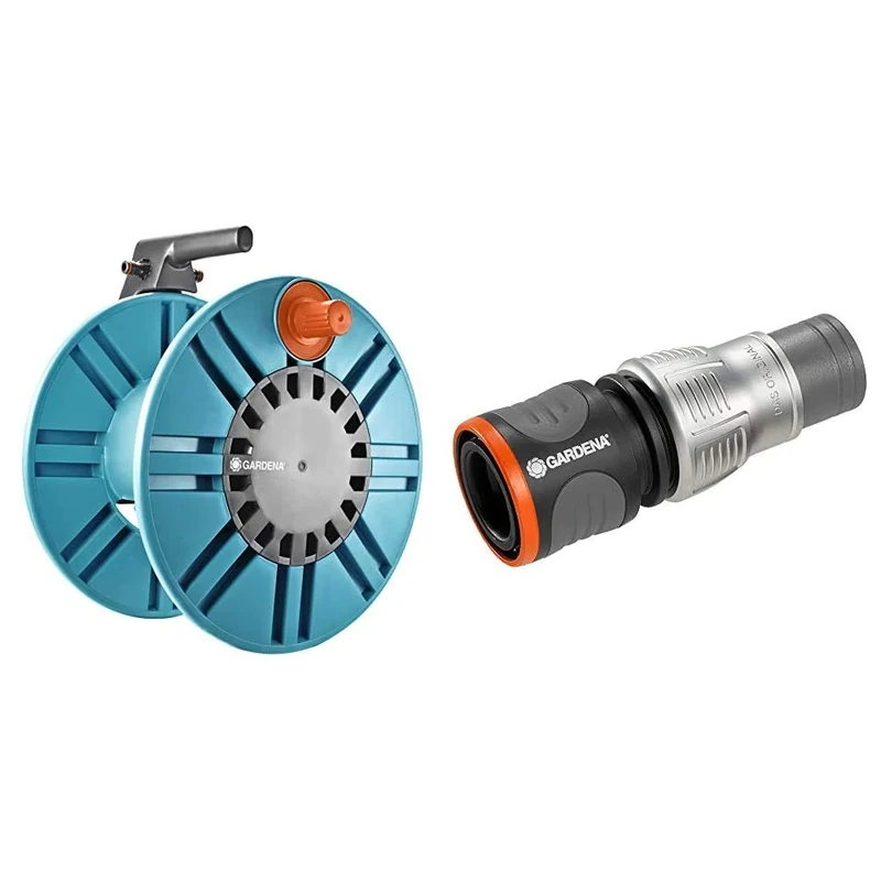 Gardena Wall-Fixed Hose Reel with Hose Guide - Blue 18255-20 Packaged Premium Hose Connector, Silver/Black, 1/2-5/8-Inch