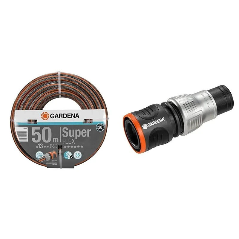 Gardena 18099-20 13 mm Premium Super Flex Hose - Orange/Grey & GARDENA 18253-20 Packaged Premium Water Stop, Silver/Black, 1/2-5/8-Inch