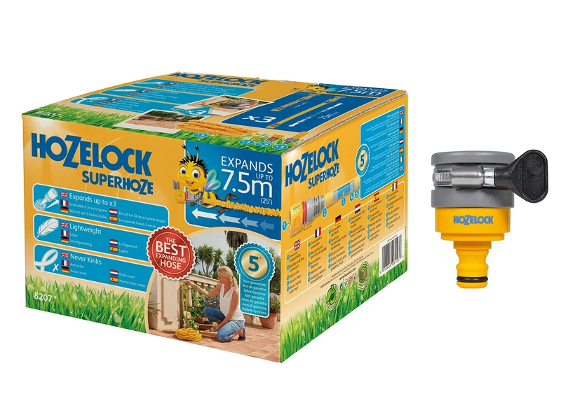 Hozelock 7.5m Superhoze Hosepipe, Yellow & Grey & Round Mixer Tap Connector with a Minimum Diameter of 20 mm & a Maximum Diameter of 24 mm - Image 1
