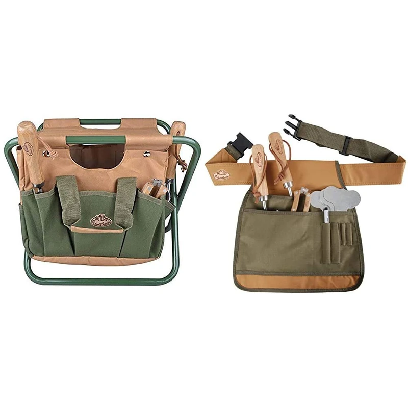 Esschert Design GT01 41 x 31 x 30cm Metal/Textile Garden Stool - Green & Garden Tool Belt - Green