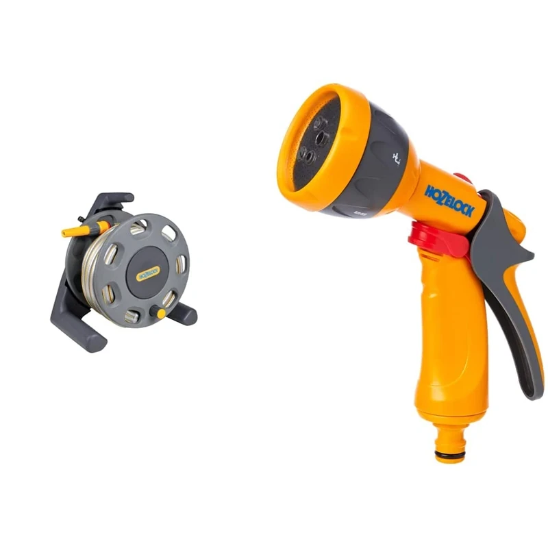 Hozelock Ltd Floor Standing Compact Reel with 20 Metre Hose and Connectors, Yellow & HZ2676P0000 Spray Gun, Multi-Colour
