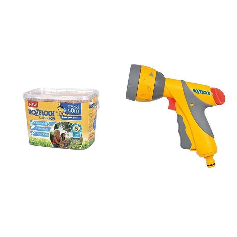 Hozelock 40m Superhoze Hosepipe, Yellow & Grey & Multi Spray Gun Plus