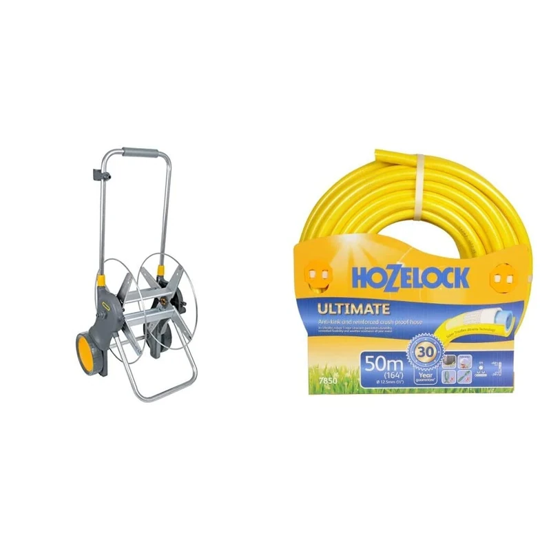 Hozelock 90m Assembled Metal Hose Cart & Ultimate Hose, 50 m