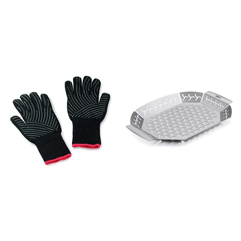 Weber Premium Gloves, Size L/XL, black, heat resistant & Premium grilling basket, Large, stainless steel, Mixed