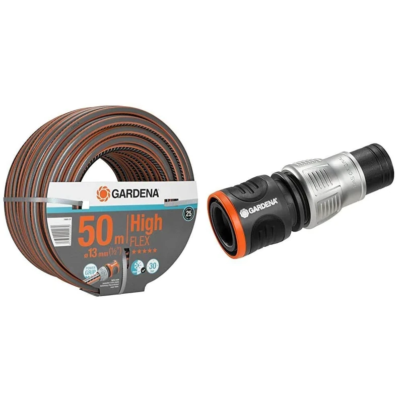 Gardena 13 mm x 50 m Comfort High Flex Hose - Multi-Colour & GARDENA 18253-20 Packaged Premium Water Stop, Silver/Black, 1/2-5/8-Inch