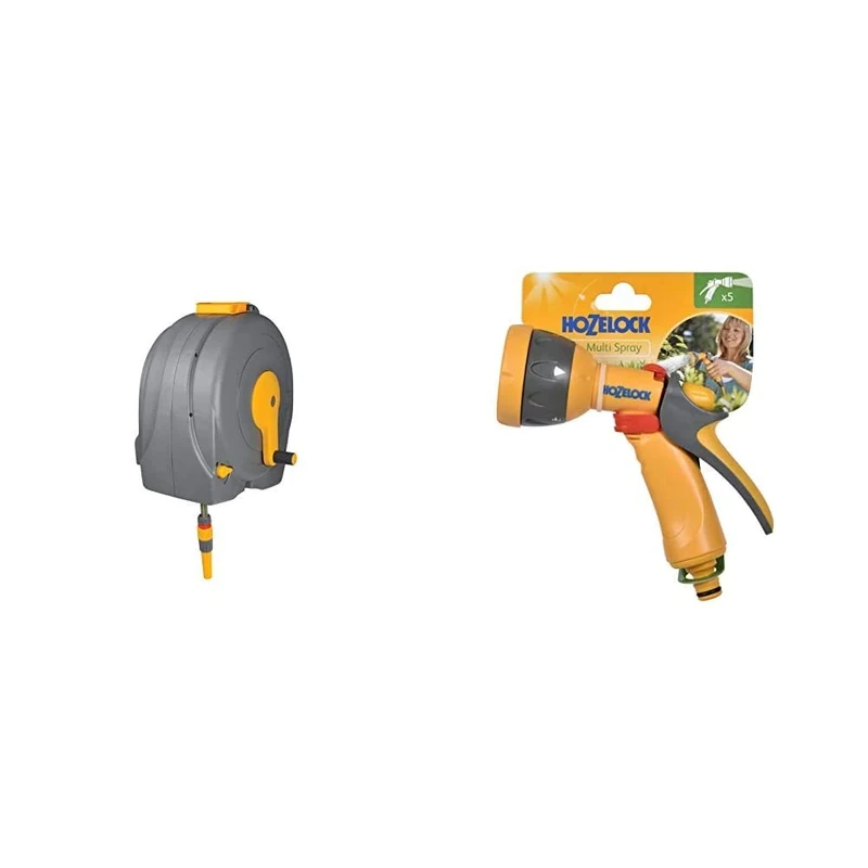 Hozelock Wall Mounted Fast Reel with 40m Hose & Spray Gun, Multi-Colour