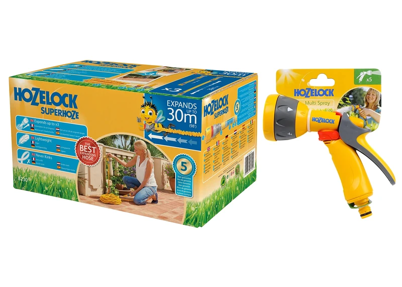 Hozelock 30m Superhoze Hosepipe, Yellow & Grey & Spray Gun, Multi-Colour