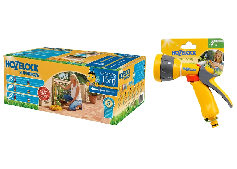 Hozelock 15m Superhoze Hosepipe, Yellow & Grey & Spray Gun, Multi-Colour