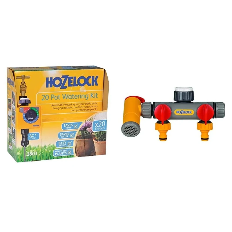 Hozelock Ltd 20 Pot Watering Kit Including AC1 Timer which Has 13 Pre-set Programs to Supply Water From Once Per Day, to Up to Four Times a Day & Flowmax 3-Way Tap Connector