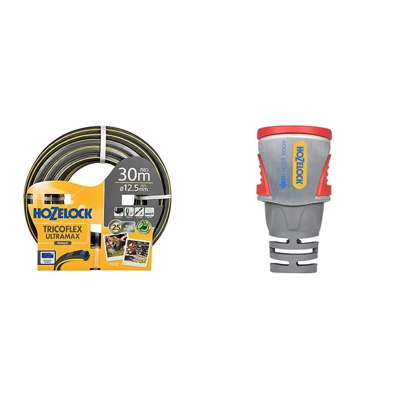 Hozelock Trico Flex Ultra Max Anti-Crush 30 m Hose & Pro Metal AquaStop Connector (12.5mm & 15mm)