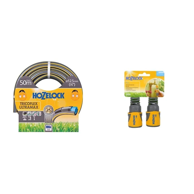 Hozelock Trico Flex Ultra Max Anti-Crush 50 m Hose & HOZ2050AV Hose End Connector PLUS (12.5mm & 15mm) Twin Pack