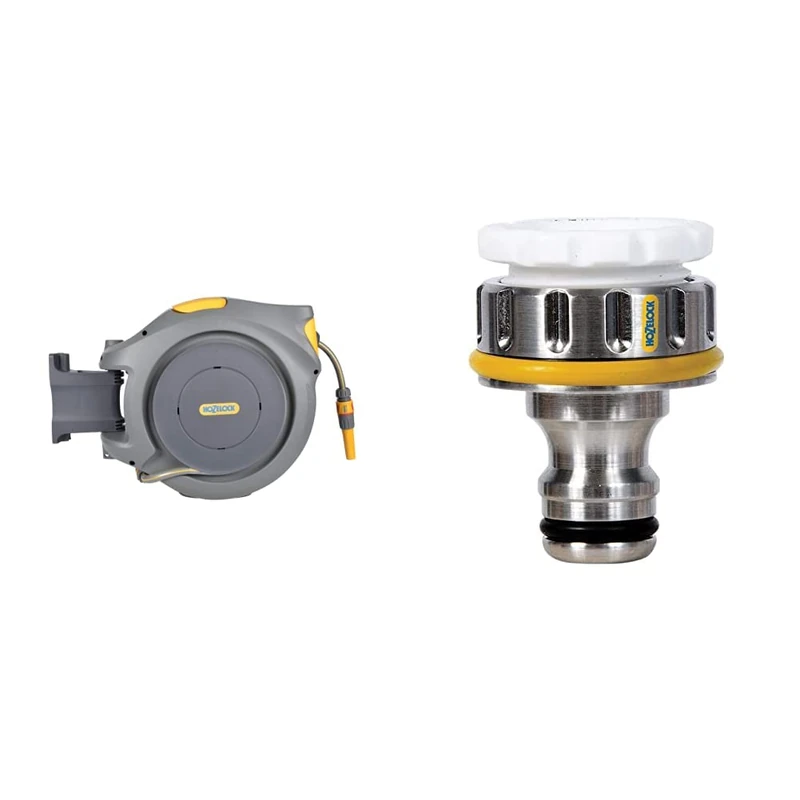 Hozelock Auto Reel with 30 m Hose, Yellow/Grey & Metal Threaded Connector Pro 3/4 inch for Taps