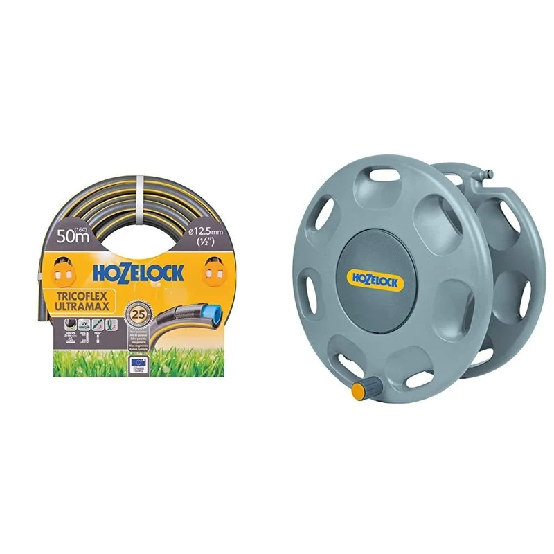 Hozelock 7950P0000 Trico Flex Ultra Max Anti-Crush 50 m Hose & Hozelock 2390D0000 60m Wall Mounted Reel without Hose and Nozzle (Yellow/Gray)