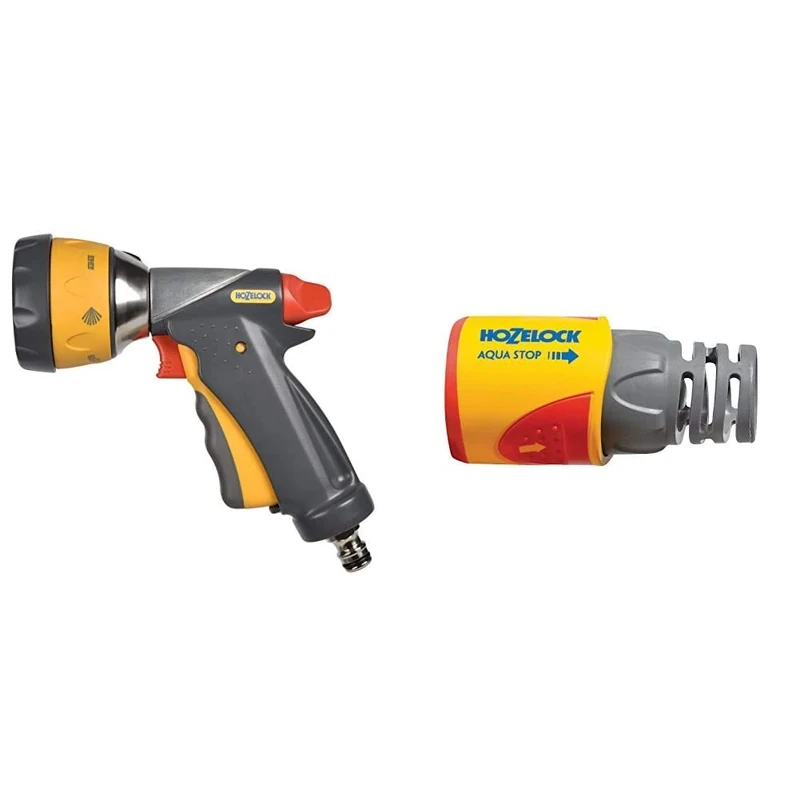 Hozelock Multi Spray Ultramax Gun, Grey/Yellow, 16x10x8 cm & AquaStop Connector Plus (12.5mm & 15mm)