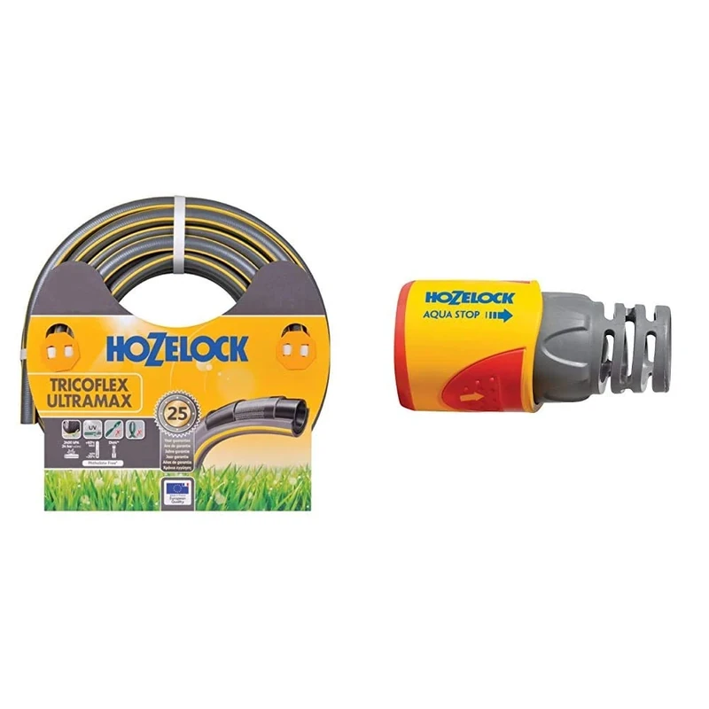 Hozelock Tricoflex Ultramax Hose, Grey, 12.5 mm x 25 m & AquaStop Connector Plus (12.5mm & 15mm)