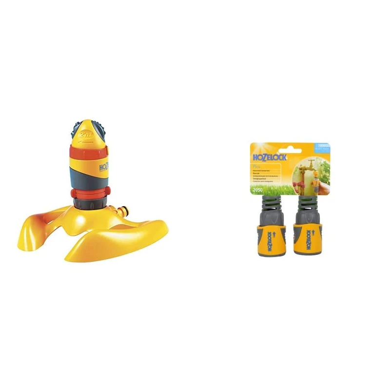Hozelock Round Sprinkler Pro 314m² & HOZ2050AV Hose End Connector PLUS (12.5mm & 15mm) Twin Pack