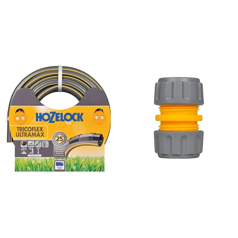 Hozelock Tricoflex Ultramax Hose, Grey, 12.5 mm x 25 m & 12.5mm Hose Repair Connector