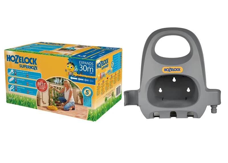 Hozelock 30m Superhoze Hosepipe, Yellow & Grey & Hose Hanger, Grey, 3.5 kg