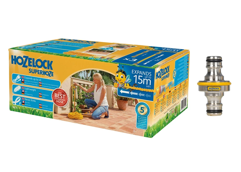 Hozelock 15m Superhoze Hosepipe, Yellow & Grey & Pro Metal Double Male Hose End Connector - Image 1