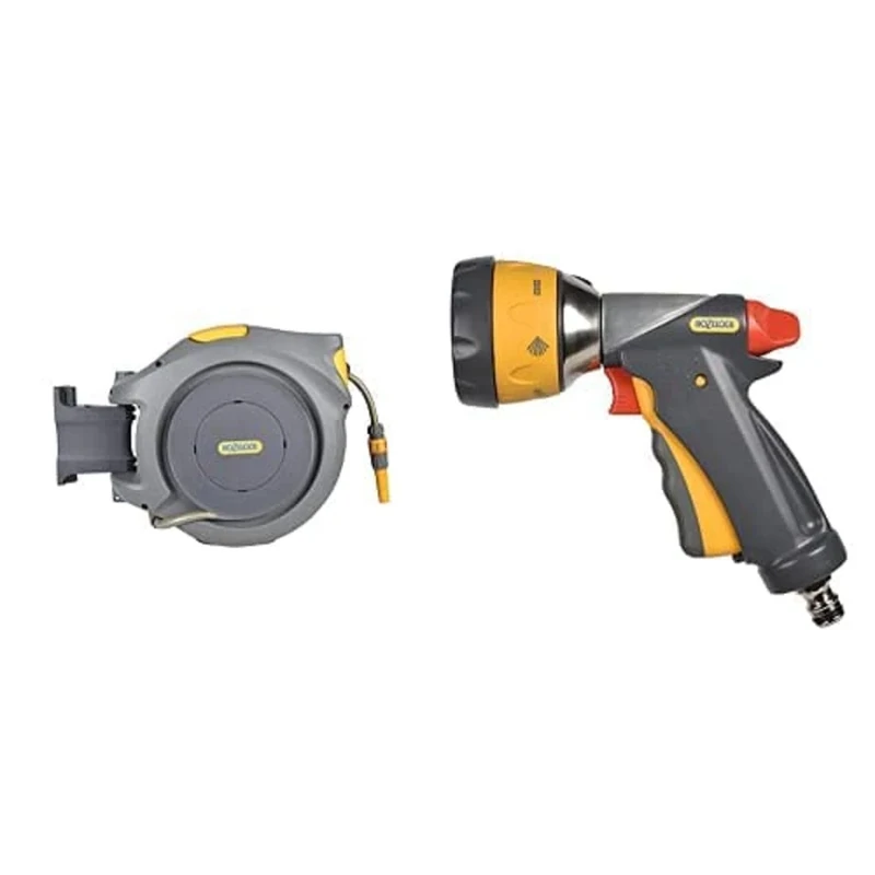 Hozelock Auto Reel with 30 m Hose, Yellow/Grey & Multi Spray Ultramax Gun, Grey/Yellow, 16x10x8 cm
