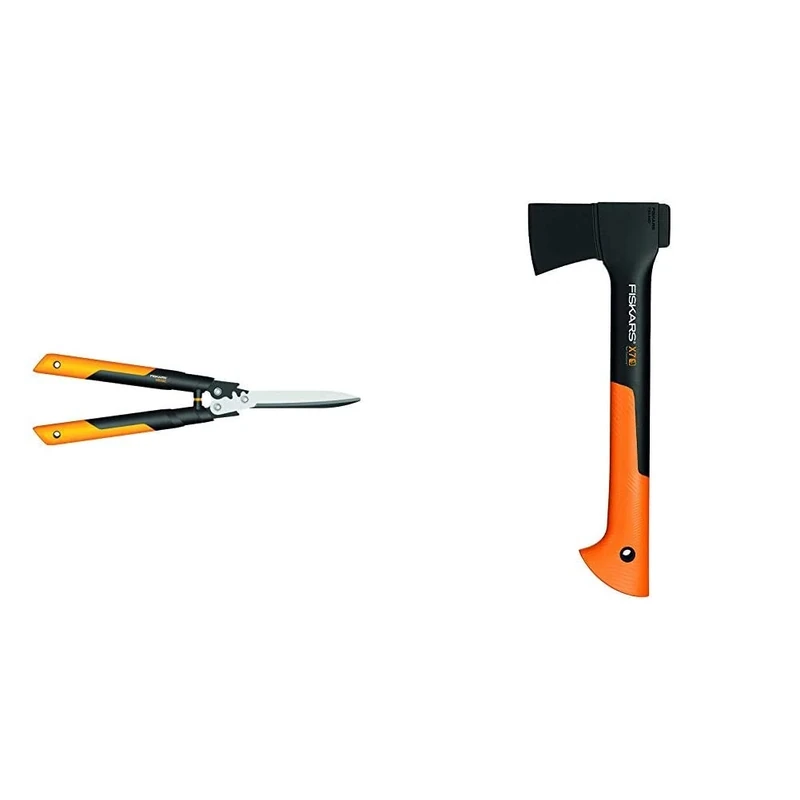 Fiskars PowerGear X Hedge Shear HSX92, Length: 63 cm, Black/Orange, 1023631 & Chopping Axe XS X7, Includes Storage and Carrying Case, Length: 35.5 cm, Black/Orange, 1015618