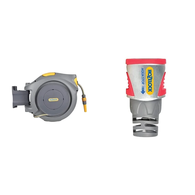 Hozelock Auto Reel with 30 m Hose, Yellow/Grey & Pro Metal AquaStop Connector (12.5mm & 15mm)