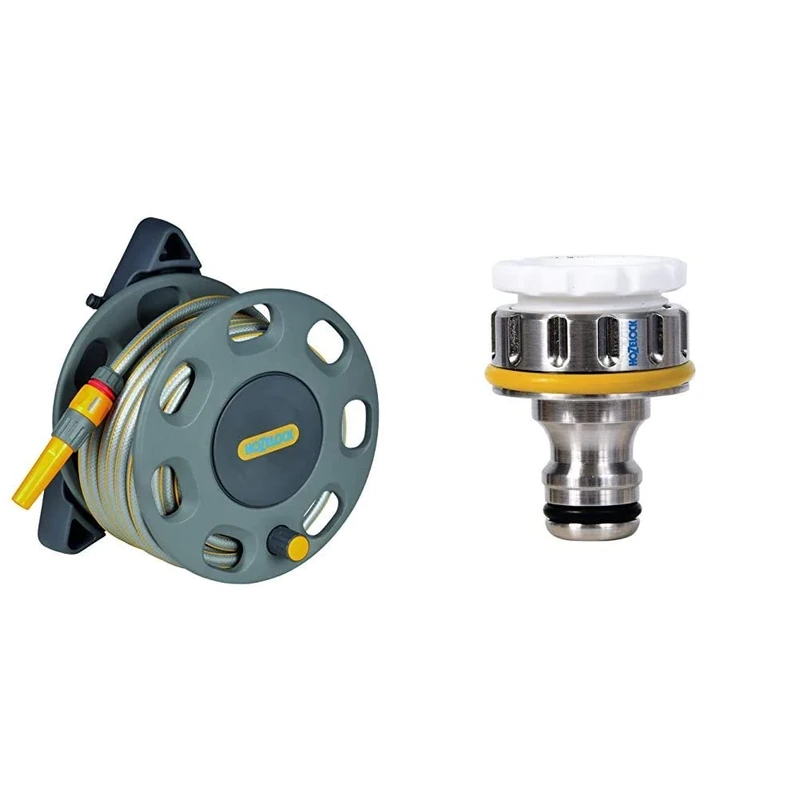 Hozelock 30m Wall Mounted Reel with 15m hose & Metal Threaded Connector Pro 3/4 inch for Taps