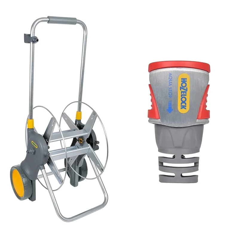 Hozelock 2460 0000 90m Assembled Metal Hose Cart, Grey & 2035P0000 Pro Metal AquaStop Connector (12.5mm & 15mm), Silver