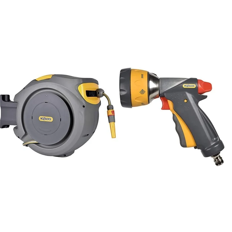 Hozelock Auto Reel with 20 m Hose, Yellow/Grey & Multi Spray Ultramax Gun, Grey/Yellow, 16x10x8 cm
