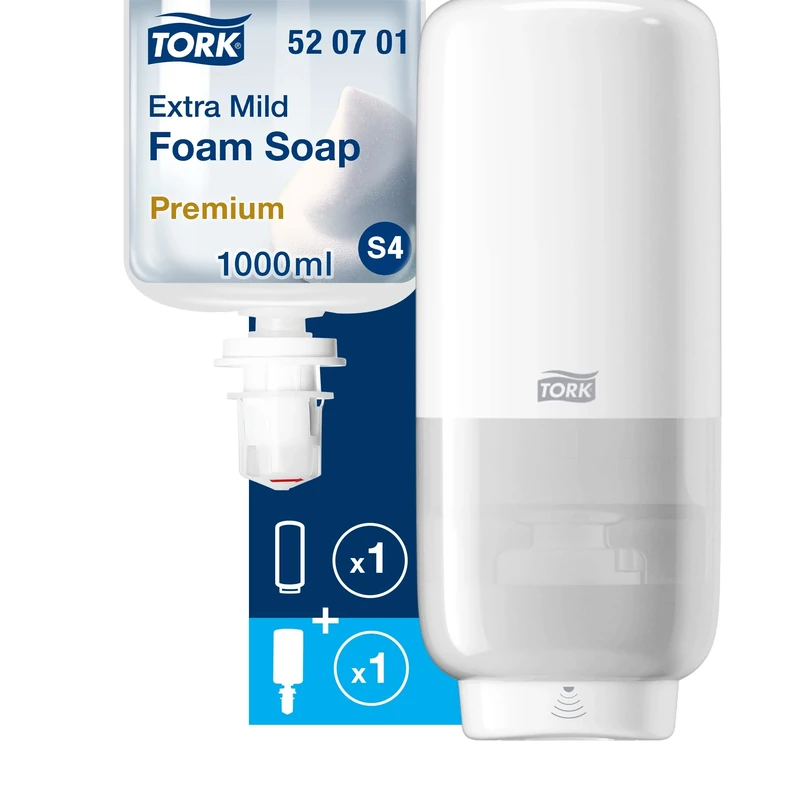 Tork Foam Soap Dispenser for Foam Soap and Hand Sanitiser + Refill - S4 - Extra Mild Foam Soap, 1 x 1000 ml
