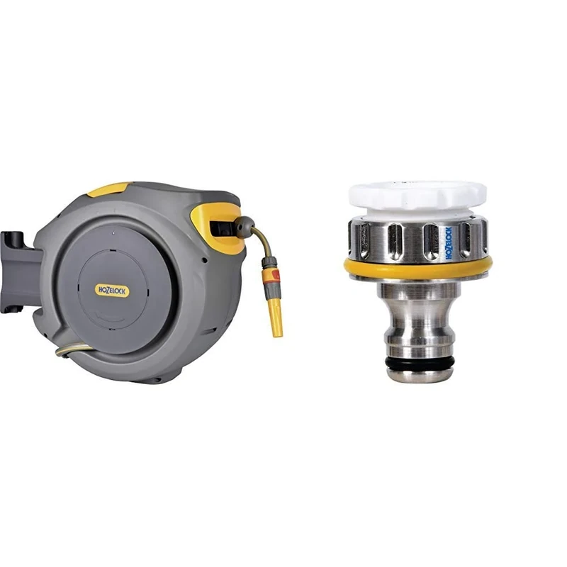 Hozelock Auto Reel with 20 m Hose, Yellow/Grey & Metal Threaded Connector Pro 3/4 inch for Taps
